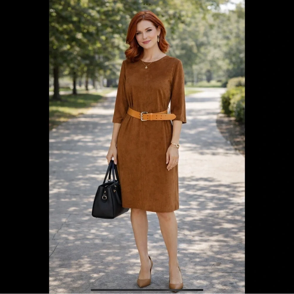 brown suede dress zara ZARA Basic Brown Faux Suede Belted Midi Dress Size S
